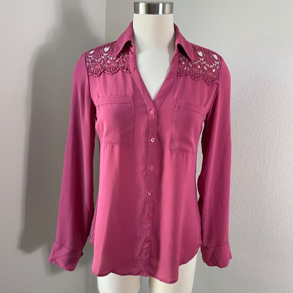 Express Portofino Shirt Womens Small Slim Fit Lace Shoulder‎ Roll Tab Sleeve Top